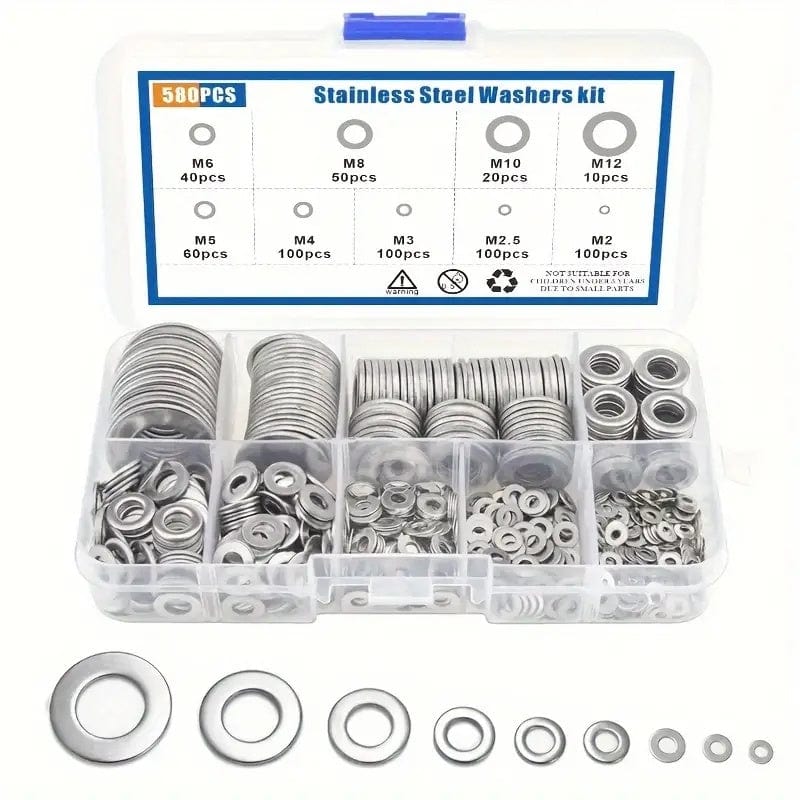 Planet Gates 80-580pcs 304 Stainless Steel Flat Washers, For Screws, Bolts, Fender Washers Assortment Kit, Locking Metal Washers Kit (M2 M2.5 M3 M4 M5 M6 M8 M10)