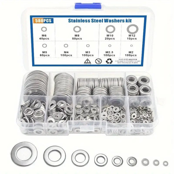 Planet Gates 80-580pcs 304 Stainless Steel Flat Washers, For Screws, Bolts, Fender Washers Assortment Kit, Locking Metal Washers Kit (M2 M2.5 M3 M4 M5 M6 M8 M10)