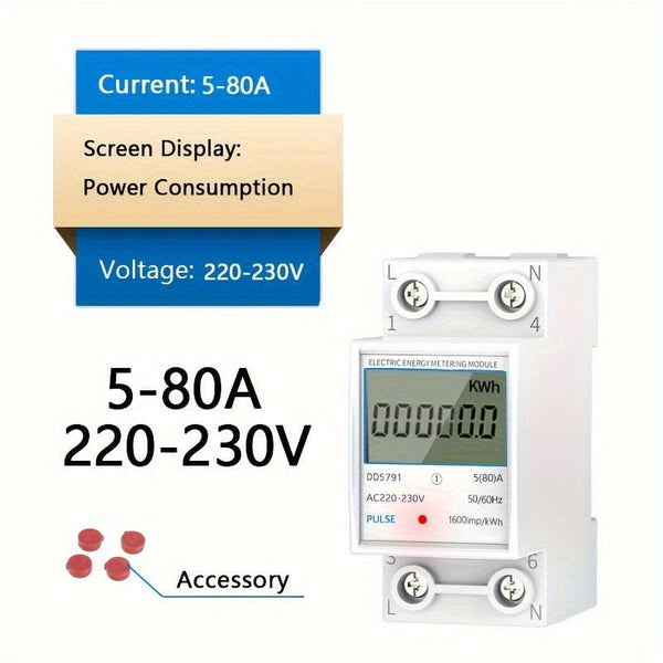 Planet Gates 80A 220V Household Electricity Meter LCD Electricity Meter Single-phase 220V Mini Watt Hour Meter Rail Type Air Conditioning Electricity Meter Intelligent Digital Display Metering