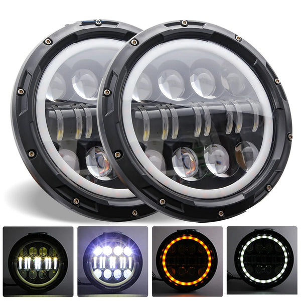Planet Gates 80w Halo light Black 2x Car 7 Inch Led Headlight Hi/Low H4 Halo Angle Eyes DRL For Jeep JK TJ OffRoad Defender Hummer 4x4 Suzuki Samurai Headlamp