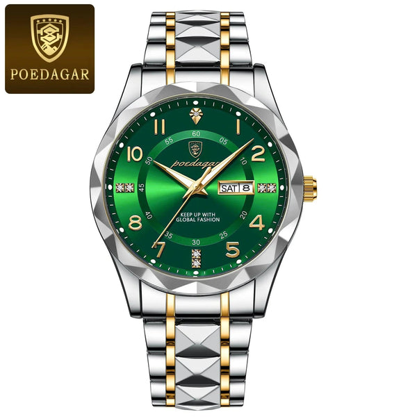 Planet Gates 858 Gold Green POEDAGAR Luxury Men Quartz Watch Waterproof Date Week Luminous Wristwatch Stainless Steel Men's Watches Male Clock Sports Reloj