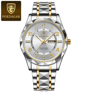 Planet Gates 858 Gold White POEDAGAR Luxury Men Quartz Watch Waterproof Date Week Luminous Wristwatch Stainless Steel Men's Watches Male Clock Sports Reloj