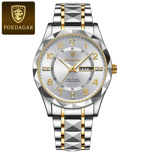 Planet Gates 858 Gold White POEDAGAR Luxury Men Quartz Watch Waterproof Date Week Luminous Wristwatch Stainless Steel Men's Watches Male Clock Sports Reloj
