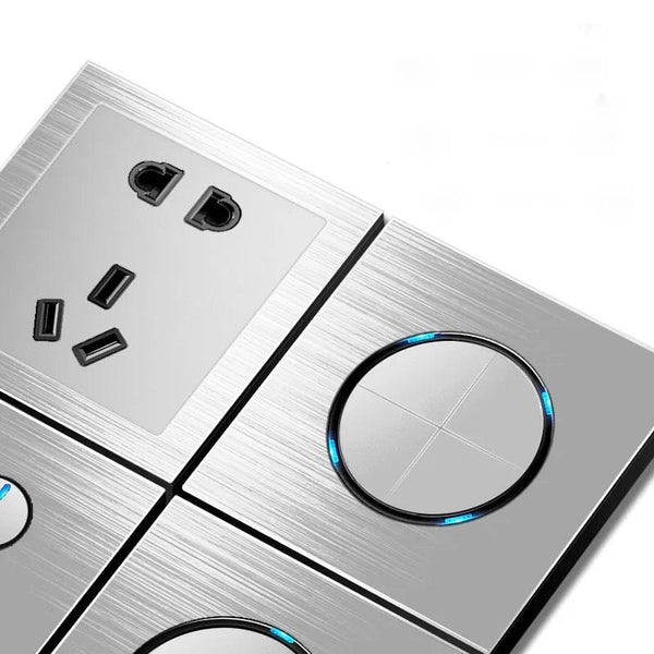 Planet Gates 86 type 1 2 3 4 gang 1 2 way Silver aluminum alloy panel Switch socket LED use round box Industry German EU French light socket