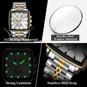 Planet Gates 866 Gold Black POEDAGAR Luxury Square Sport Man Wristwatch Waterproof Luminous Chronograph Quartz Men's Watches Stainless Steel Men Watch Reloj