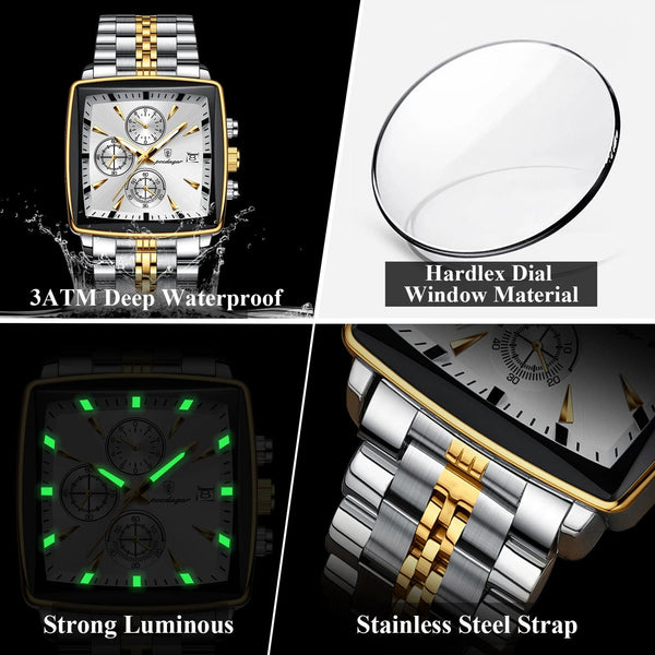 Planet Gates 866 Gold Black POEDAGAR Luxury Square Sport Man Wristwatch Waterproof Luminous Chronograph Quartz Men's Watches Stainless Steel Men Watch Reloj