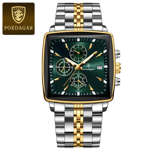 Planet Gates 866 Gold Black POEDAGAR Luxury Square Sport Man Wristwatch Waterproof Luminous Chronograph Quartz Men's Watches Stainless Steel Men Watch Reloj