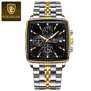 Planet Gates 866 Gold Black POEDAGAR Luxury Square Sport Man Wristwatch Waterproof Luminous Chronograph Quartz Men's Watches Stainless Steel Men Watch Reloj
