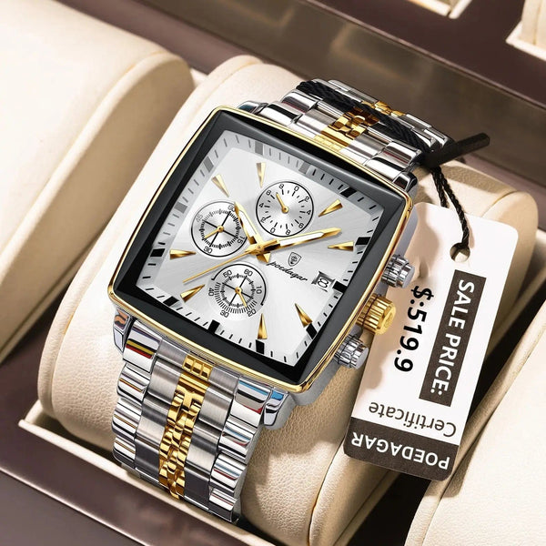 Planet Gates 866 Gold Black POEDAGAR Luxury Square Sport Man Wristwatch Waterproof Luminous Chronograph Quartz Men's Watches Stainless Steel Men Watch Reloj