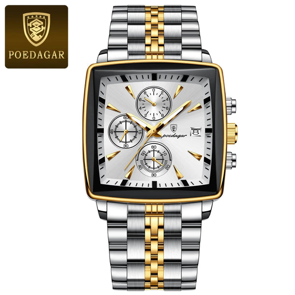 Planet Gates 866 Gold Black POEDAGAR Luxury Square Sport Man Wristwatch Waterproof Luminous Chronograph Quartz Men's Watches Stainless Steel Men Watch Reloj