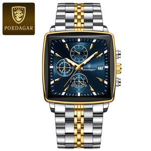Planet Gates 866 Gold Black POEDAGAR Luxury Square Sport Man Wristwatch Waterproof Luminous Chronograph Quartz Men's Watches Stainless Steel Men Watch Reloj