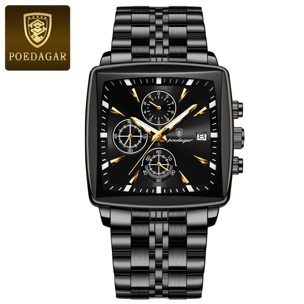 Planet Gates 866 Gold Black POEDAGAR Luxury Square Sport Man Wristwatch Waterproof Luminous Chronograph Quartz Men's Watches Stainless Steel Men Watch Reloj