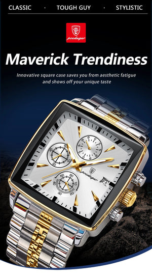 Planet Gates 866 Gold Black POEDAGAR Luxury Square Sport Man Wristwatch Waterproof Luminous Chronograph Quartz Men's Watches Stainless Steel Men Watch Reloj