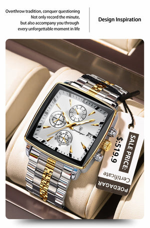 Planet Gates 866 Gold Black POEDAGAR Luxury Square Sport Man Wristwatch Waterproof Luminous Chronograph Quartz Men's Watches Stainless Steel Men Watch Reloj