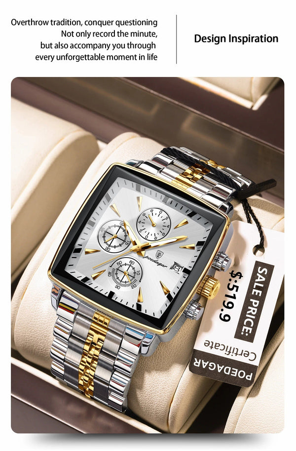 Planet Gates 866 Gold Black POEDAGAR Luxury Square Sport Man Wristwatch Waterproof Luminous Chronograph Quartz Men's Watches Stainless Steel Men Watch Reloj