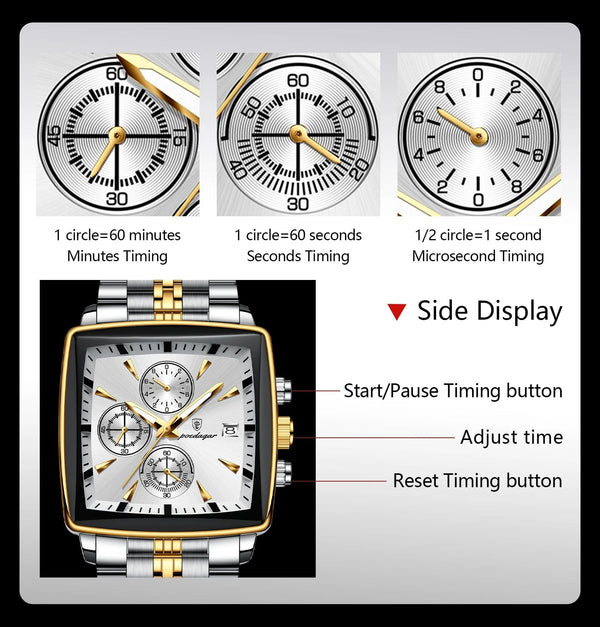 Planet Gates 866 Gold Black POEDAGAR Luxury Square Sport Man Wristwatch Waterproof Luminous Chronograph Quartz Men's Watches Stainless Steel Men Watch Reloj