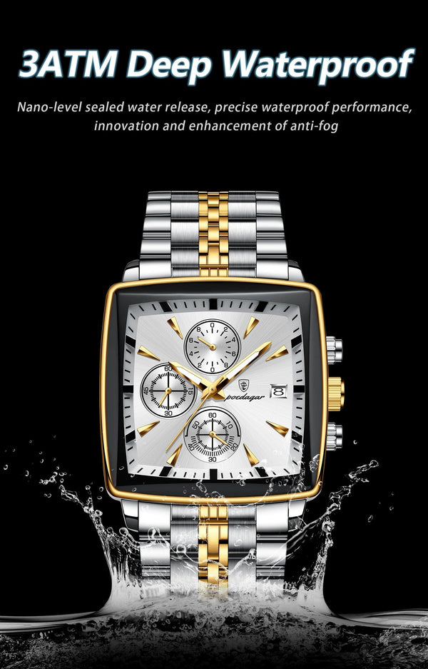 Planet Gates 866 Gold Black POEDAGAR Luxury Square Sport Man Wristwatch Waterproof Luminous Chronograph Quartz Men's Watches Stainless Steel Men Watch Reloj