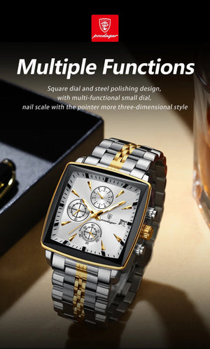 Planet Gates 866 Gold Black POEDAGAR Luxury Square Sport Man Wristwatch Waterproof Luminous Chronograph Quartz Men's Watches Stainless Steel Men Watch Reloj