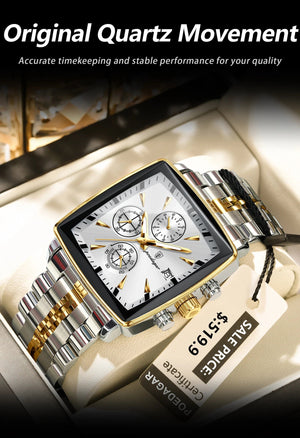 Planet Gates 866 Gold Black POEDAGAR Luxury Square Sport Man Wristwatch Waterproof Luminous Chronograph Quartz Men's Watches Stainless Steel Men Watch Reloj