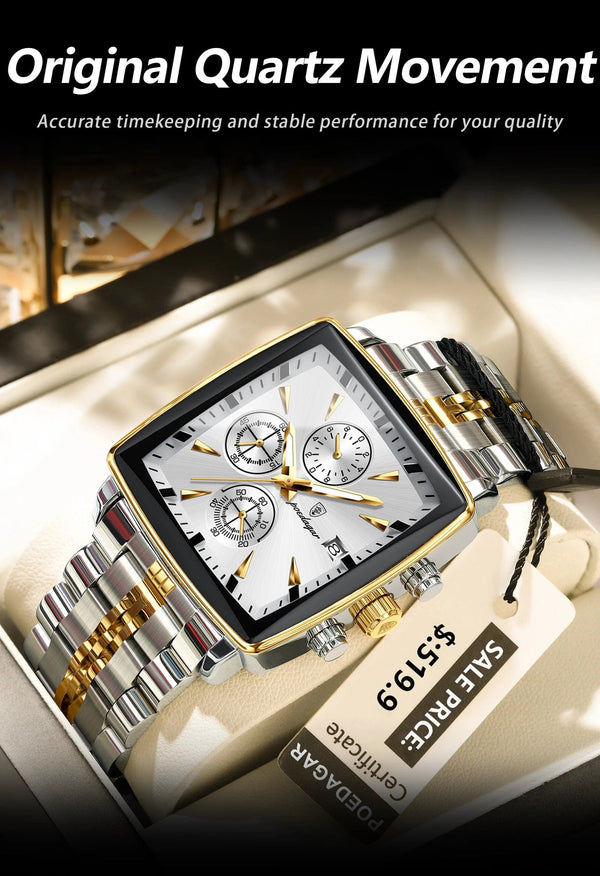 Planet Gates 866 Gold Black POEDAGAR Luxury Square Sport Man Wristwatch Waterproof Luminous Chronograph Quartz Men's Watches Stainless Steel Men Watch Reloj