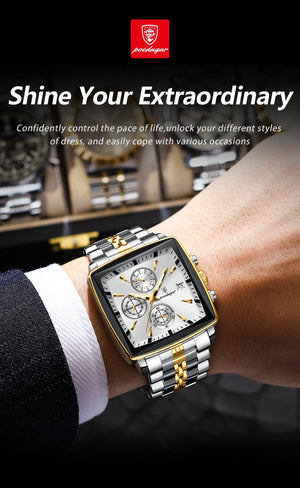 Planet Gates 866 Gold Black POEDAGAR Luxury Square Sport Man Wristwatch Waterproof Luminous Chronograph Quartz Men's Watches Stainless Steel Men Watch Reloj