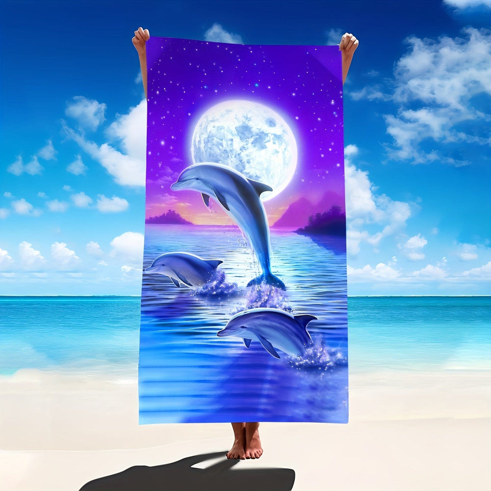 Planet Gates 88.9*177.8cm 1pc Fantasy Dolphin & Moon Printed Beach Towel, Fade-Resistant Oversized Beach Blanket, Super Absorbent Bath Towel, Suitable For Travel Pool Diving Surfing Yoga Camping, Beach Accessories, Beach Essentials, Travel Supplies