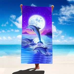 Planet Gates 88.9*177.8cm 1pc Fantasy Dolphin & Moon Printed Beach Towel, Fade-Resistant Oversized Beach Blanket, Super Absorbent Bath Towel, Suitable For Travel Pool Diving Surfing Yoga Camping, Beach Accessories, Beach Essentials, Travel Supplies