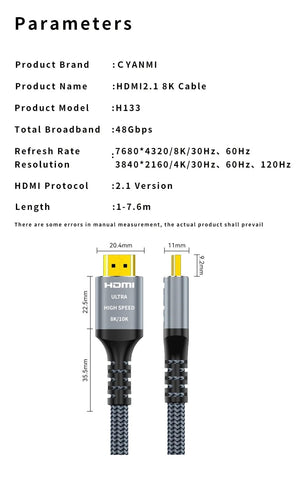 Planet Gates 8K Hdmi Cable / 1.65FT-0.5M / China CYANMI HDMI 8K Cable for Xiaomi TV Box PS5 USB HUB Ultra High Speed Certified 8K@60Hz HDMI 2.1 Cable 48Gbps eARC Dolby Vision HD