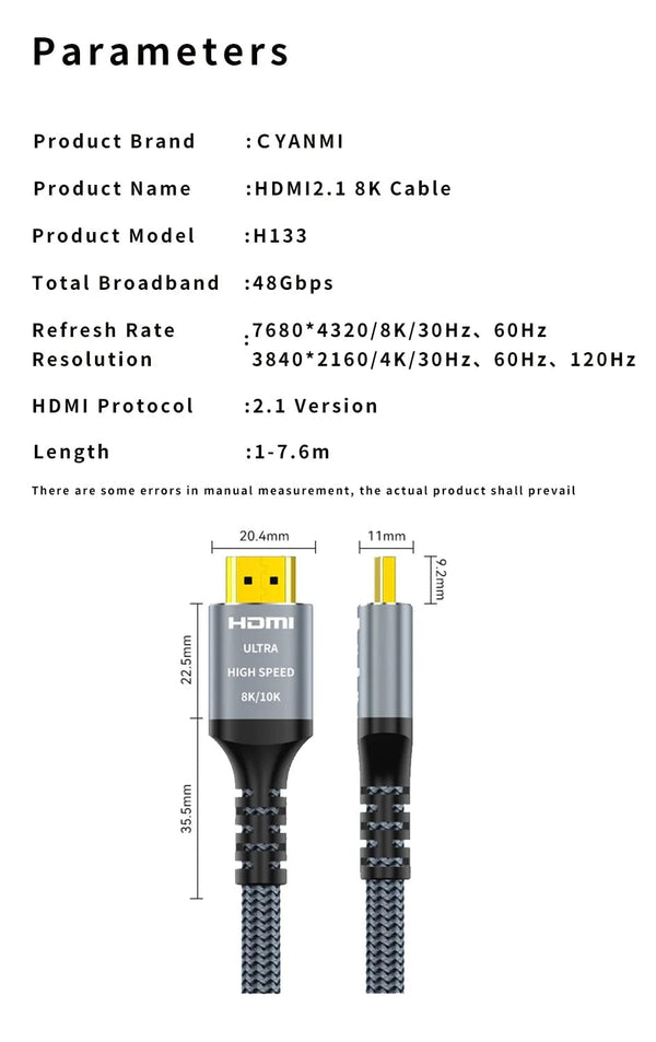 Planet Gates 8K Hdmi Cable / 1.65FT-0.5M / China CYANMI HDMI 8K Cable for Xiaomi TV Box PS5 USB HUB Ultra High Speed Certified 8K@60Hz HDMI 2.1 Cable 48Gbps eARC Dolby Vision HD