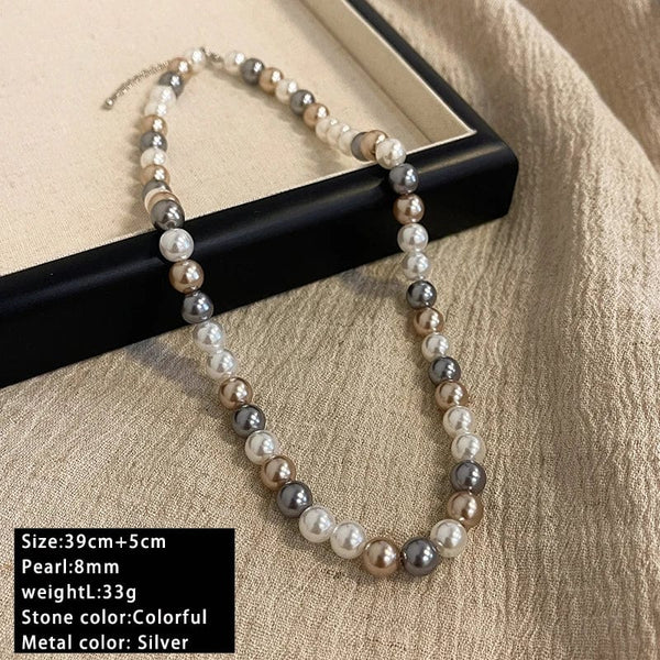 Planet Gates 8mm French Elegant Romantic Mixed Color Pearl Beaded Necklace 2024 Fashion Jewelry Sweet Accessories for Women's Collarbone Chain