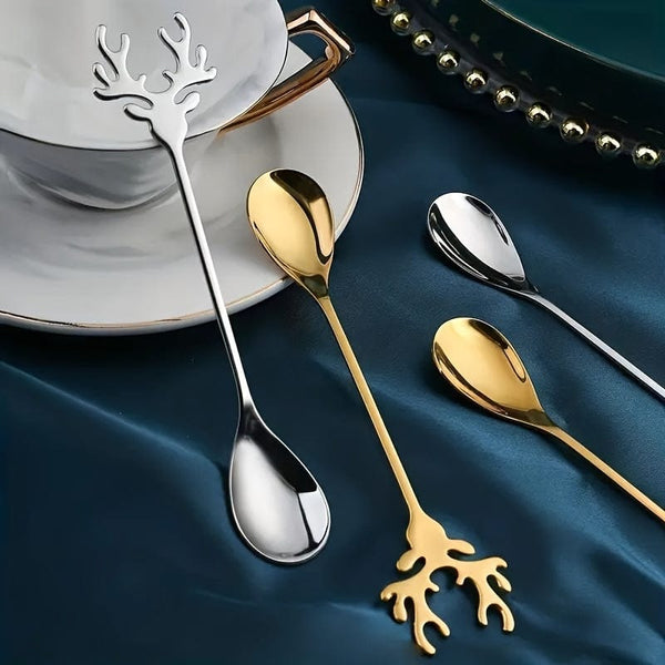 Planet Gates 8pcs Christmas Stainless Steel Deer Head Shape Coffee Spoon Dessert Candy Stirring Spoon Tea Spoon Tableware Decoration Kitchen Accessories