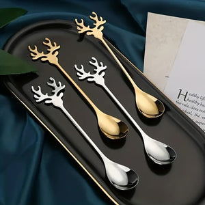 Planet Gates 8pcs Christmas Stainless Steel Deer Head Shape Coffee Spoon Dessert Candy Stirring Spoon Tea Spoon Tableware Decoration Kitchen Accessories