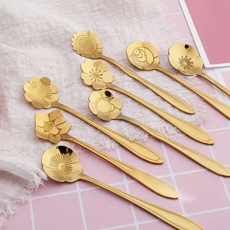 Planet Gates 8pcs Cute Flower Spoon Set - Perfect for Tea, Coffee, Ice Cream, and Desserts - Stainless Steel with Golden and Silver Finish - Kitchen Props for a Chic and Elegant Dining Experience