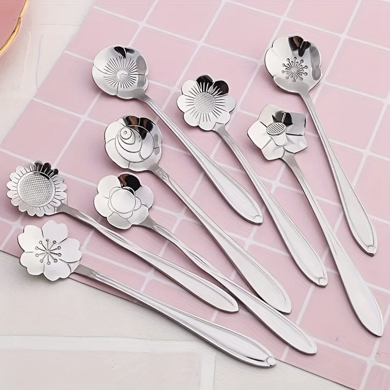Planet Gates 8pcs Cute Flower Spoon Set - Perfect for Tea, Coffee, Ice Cream, and Desserts - Stainless Steel with Golden and Silver Finish - Kitchen Props for a Chic and Elegant Dining Experience