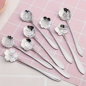 Planet Gates 8pcs Cute Flower Spoon Set - Perfect for Tea, Coffee, Ice Cream, and Desserts - Stainless Steel with Golden and Silver Finish - Kitchen Props for a Chic and Elegant Dining Experience