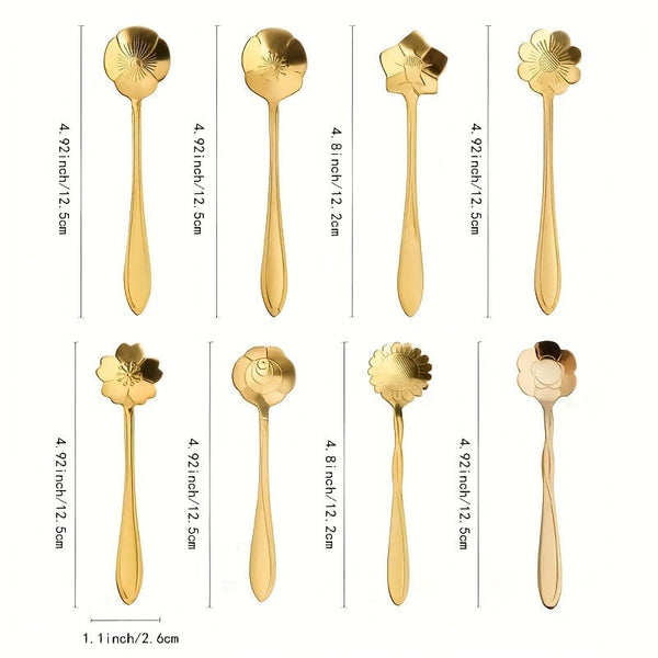 Planet Gates 8pcs Cute Flower Spoon Set - Perfect for Tea, Coffee, Ice Cream, and Desserts - Stainless Steel with Golden and Silver Finish - Kitchen Props for a Chic and Elegant Dining Experience