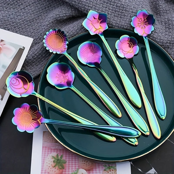 Planet Gates 8pcs Cute Flower Spoon Set - Perfect for Tea, Coffee, Ice Cream, and Desserts - Stainless Steel with Golden and Silver Finish - Kitchen Props for a Chic and Elegant Dining Experience