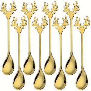 Planet Gates 8pcs / Golden 8pcs Christmas Stainless Steel Deer Head Shape Coffee Spoon Dessert Candy Stirring Spoon Tea Spoon Tableware Decoration Kitchen Accessories