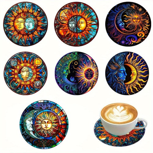 Planet Gates 8pcs/Pack 8pcs, Round Coasters, Painting Colorful Heat Insulation Mat, Washable Placemat, Anti-scalding Non-slip Table Mat, Kitchen Supplies, Room Decor