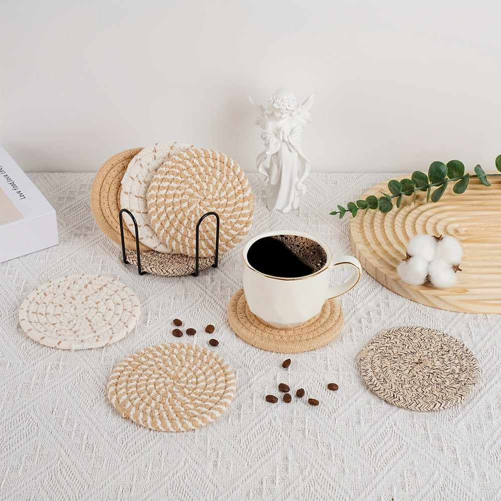 Planet Gates 8pcs, Round Fabric Coasters, Thermal Insulation Mat For Household Kitchen Tables, Round Cotton Rope Woven Meal Pad, Plate Mat, Cup Mat, Pot Mat, Hanging Home Decoration