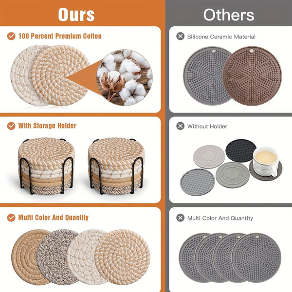 Planet Gates 8pcs, Round Fabric Coasters, Thermal Insulation Mat For Household Kitchen Tables, Round Cotton Rope Woven Meal Pad, Plate Mat, Cup Mat, Pot Mat, Hanging Home Decoration