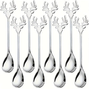 Planet Gates 8pcs / Silvery 8pcs Christmas Stainless Steel Deer Head Shape Coffee Spoon Dessert Candy Stirring Spoon Tea Spoon Tableware Decoration Kitchen Accessories