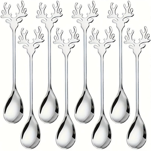 Planet Gates 8pcs / Silvery 8pcs Christmas Stainless Steel Deer Head Shape Coffee Spoon Dessert Candy Stirring Spoon Tea Spoon Tableware Decoration Kitchen Accessories