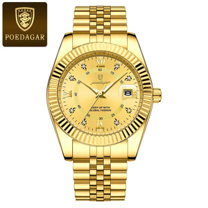 Planet Gates 910 Gold Gold POEDAGAR Luxury Sport Wrist Watch For Man Waterproof Luminous Date Men Watch Quartz Stainless Steel Men's Watches Male Reloj+box