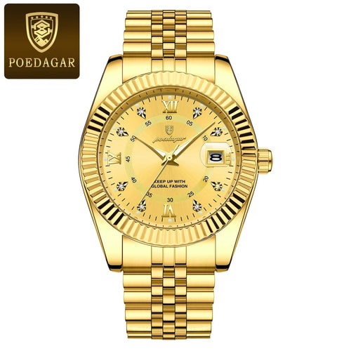 Planet Gates 910 Gold Gold POEDAGAR Luxury Sport Wrist Watch For Man Waterproof Luminous Date Men Watch Quartz Stainless Steel Men's Watches Male Reloj+box