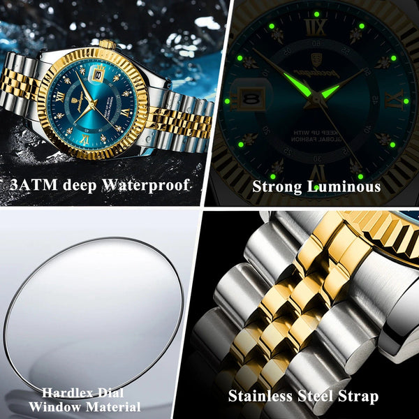 Planet Gates 910 Gold Gold POEDAGAR Luxury Sport Wrist Watch For Man Waterproof Luminous Date Men Watch Quartz Stainless Steel Men's Watches Male Reloj+box