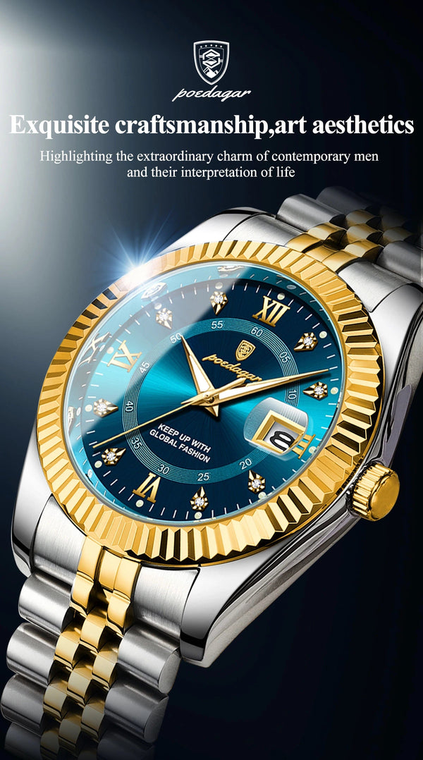 Planet Gates 910 Gold Gold POEDAGAR Luxury Sport Wrist Watch For Man Waterproof Luminous Date Men Watch Quartz Stainless Steel Men's Watches Male Reloj+box