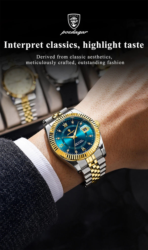 Planet Gates 910 Gold Gold POEDAGAR Luxury Sport Wrist Watch For Man Waterproof Luminous Date Men Watch Quartz Stainless Steel Men's Watches Male Reloj+box