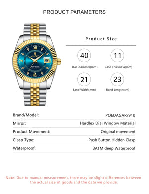 Planet Gates 910 Gold Gold POEDAGAR Luxury Sport Wrist Watch For Man Waterproof Luminous Date Men Watch Quartz Stainless Steel Men's Watches Male Reloj+box