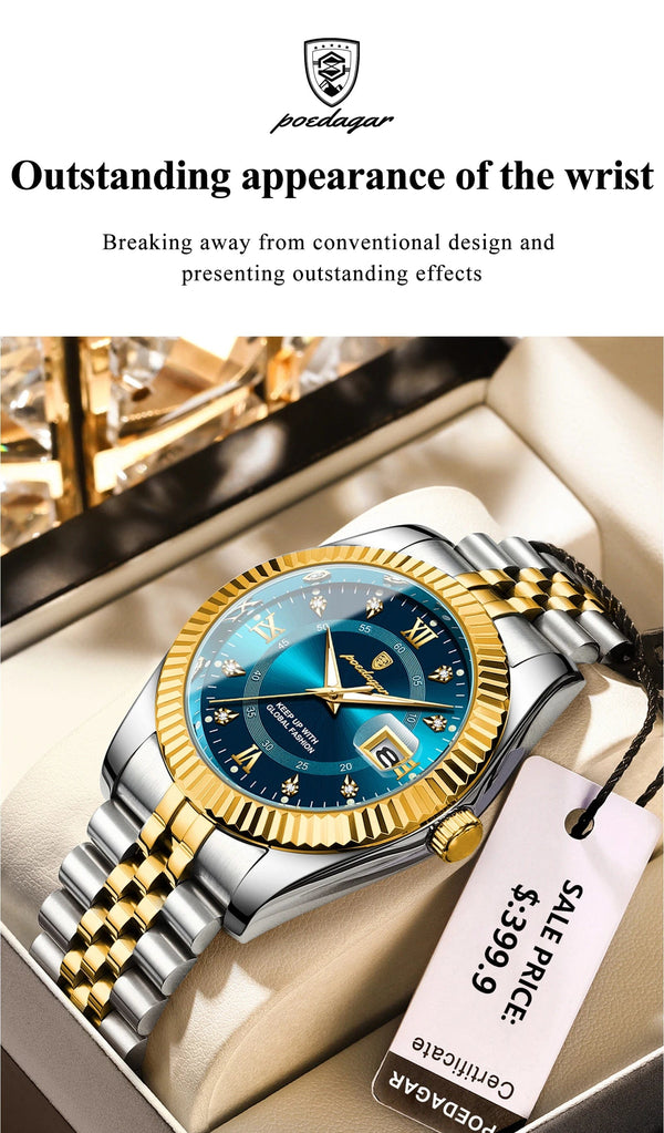 Planet Gates 910 Gold Gold POEDAGAR Luxury Sport Wrist Watch For Man Waterproof Luminous Date Men Watch Quartz Stainless Steel Men's Watches Male Reloj+box